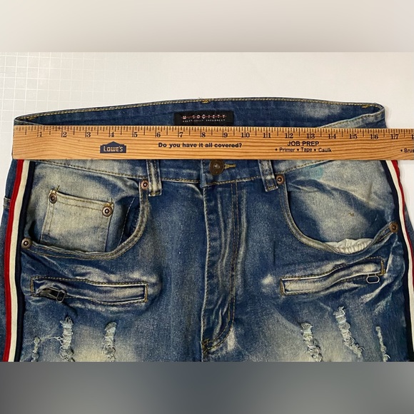 M Society Distressed Blue Tuxedo Side Stripe urban street Jeans Shorts 34 - Picture 2 of 9